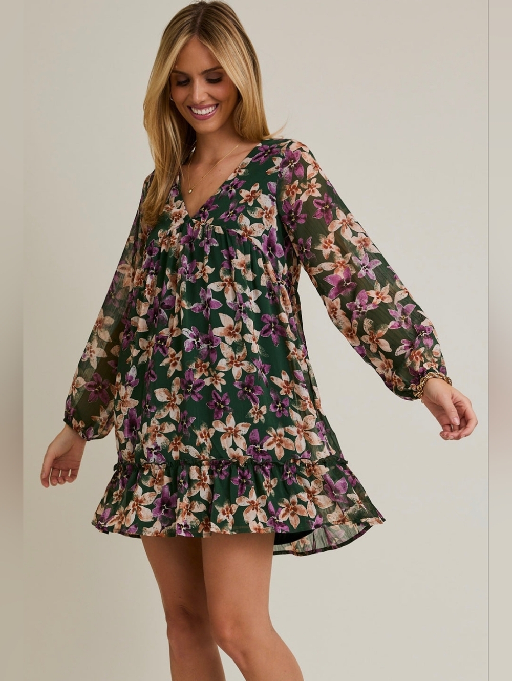 Kaileigh Hunter Green Floral Long Sleeve Tiered Dress, Size Large